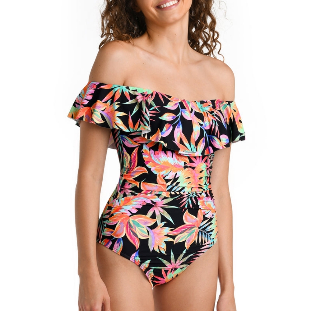 La Blanca Off-the-Shoulder Floral Ruffle One-Piece Swimsuit Size 16 | NWT
